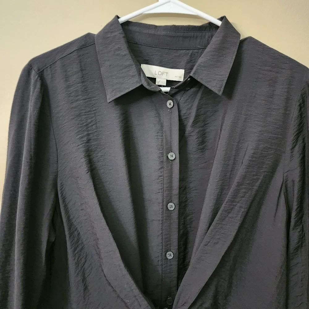 Loft Black Half Button-Up Dress Knot Tie Waist Longsleeves Size 12P - Picture 6 of 7